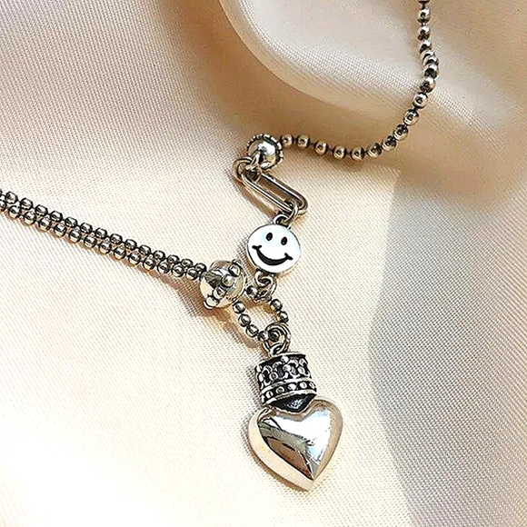 Sterling Silver Happy Face Heart Charm Charm Pendant Necklace - Picture 3 of 11